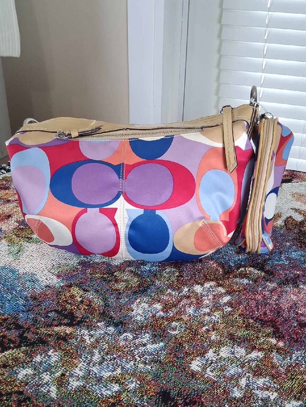 Coach Multicolor Circle-Print Shoulder Bag with Tan Leather Trim